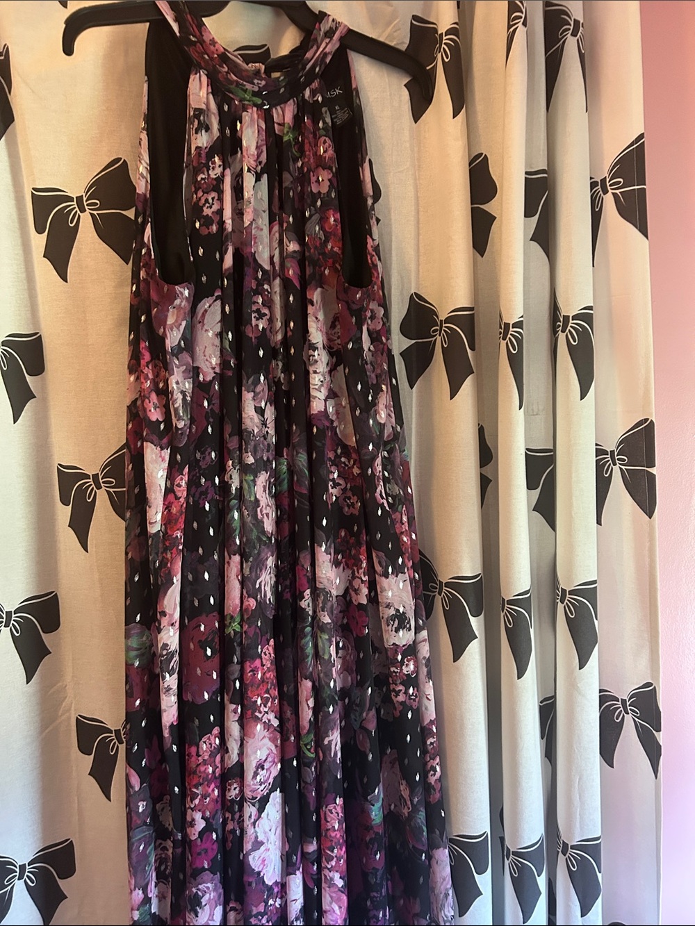 MSK Black Floral Halter Maxi Jumpsuit with Pink & Purple Prints